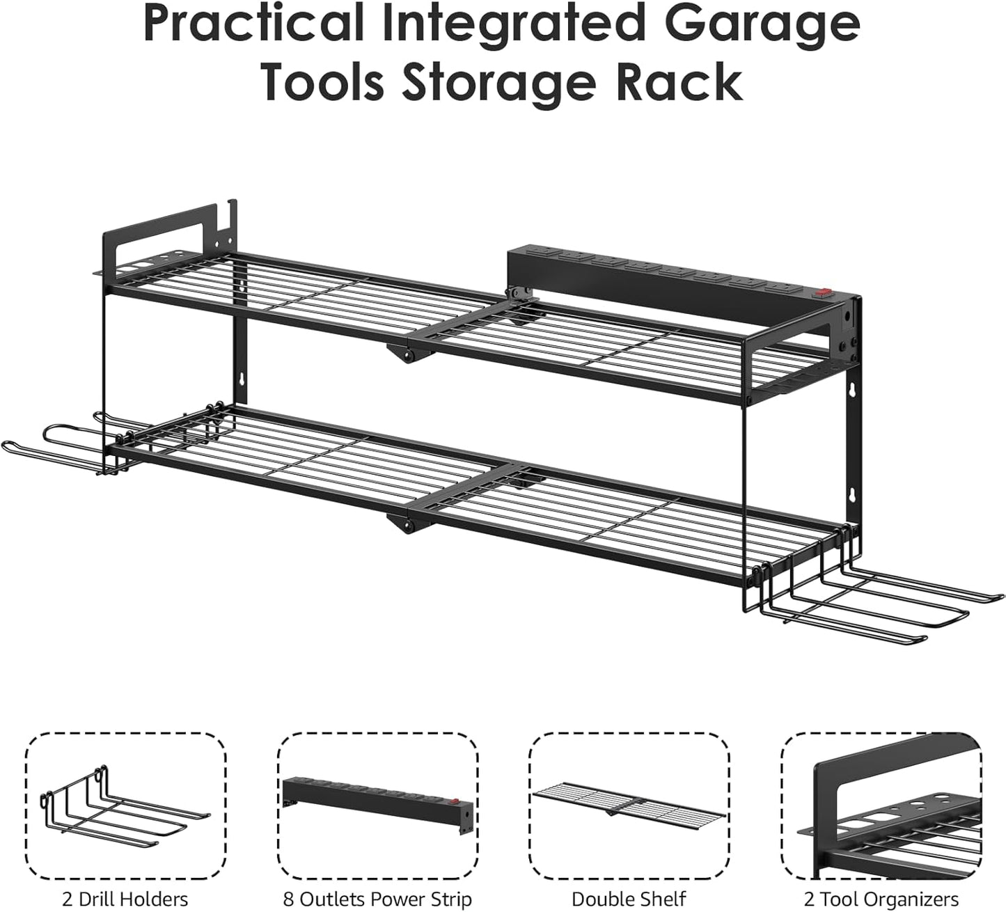 CCCEI Large Garage Tools Storage with Charging Station. Power Tool Battery Organizer Utility Shelf with Power Strip. 4 Drills Holder Wall Mount Rack.