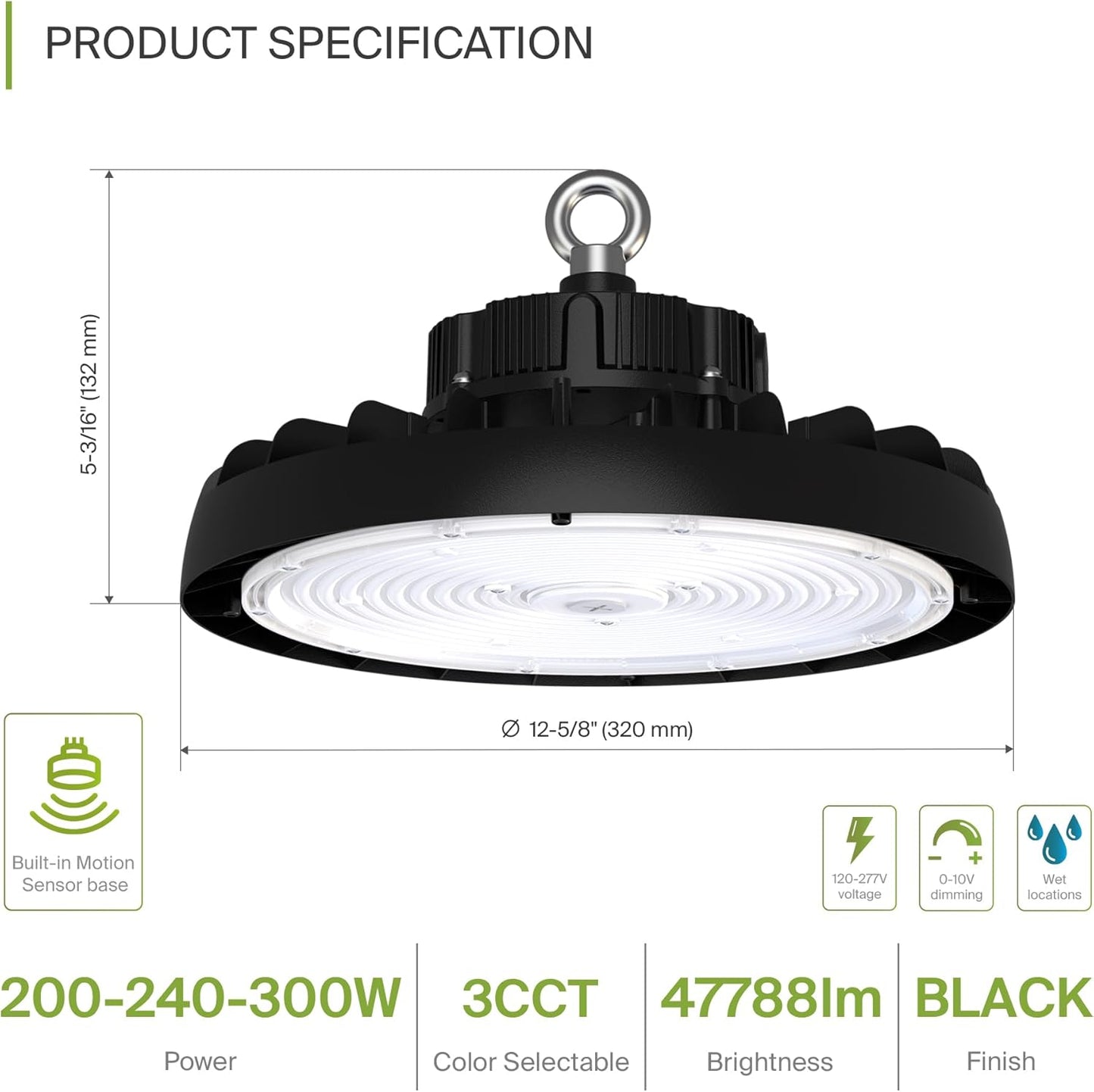 ASD LED High Bay UFO Light Fixture, Commercial Shop Lighting | 3CCT, Dimmable, IP69K Waterproof, DLC Premium, UL Listed | 300W 47700LM 3000-5000K 100-277V | Warehouse, Garage, Workshop Lamp | Black