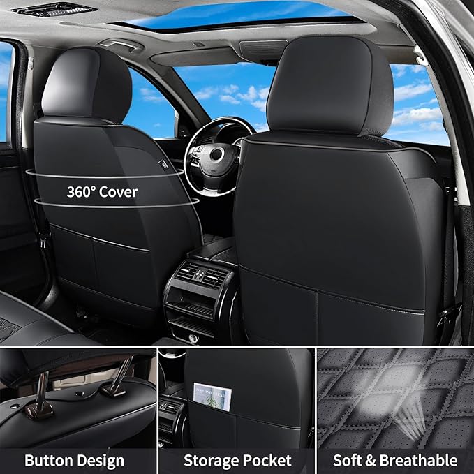 Huidasource Front Car Seat Covers, Waterproof Faux Leather F150 Truck Seat Cushion Cover Custom Fit for 2015-2025 Ford F150 SuperCrew & 2017-2025 F250 F350 F450 Super Duty Crew Cab(Front Pair/Black)
