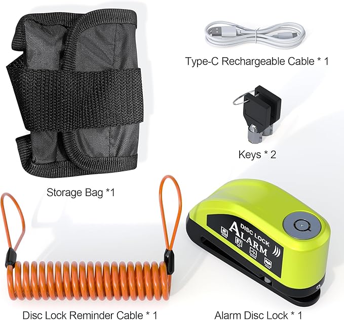 Motorcycle Lock Rechargeable, Alarm Disc Brake Lock with Reminder Cable, 110 dB Alarm Sound, Anti-Theft Waterproof, 2 H Fast-Charging, 9 Months Standby, 7 mm Lock Pin Universal for Bikes