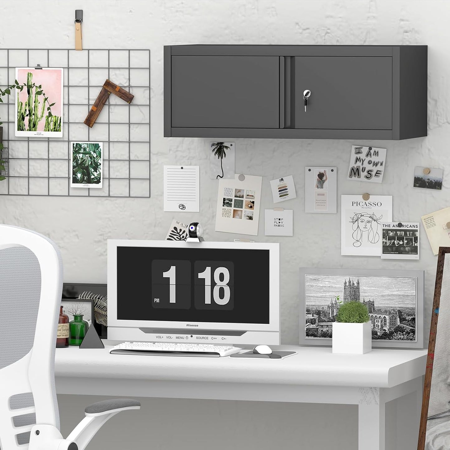 GREATMEET Metal Locking Garage Storage Cabinets, Lockable Storage Cabinet with Doors, 12.8" Metal Wall Cabinet, Wall Mount Hanging Floating Cabinet with Lock for RV, Warehouse Living Room