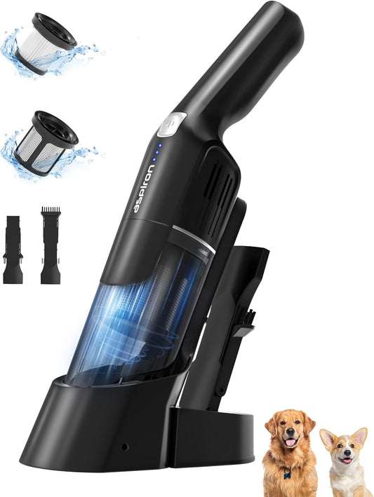 Aspiron Cordless Handheld Vacuum, 24KPA Powerful Car Vacuum, Rechargeable, Charging Dock, Ergonomic Handle, 2-in-1 Crevice Tool, 1.8lb Portable Vacuum Cleaner with 2-Speed for Car, Home, Black Silver