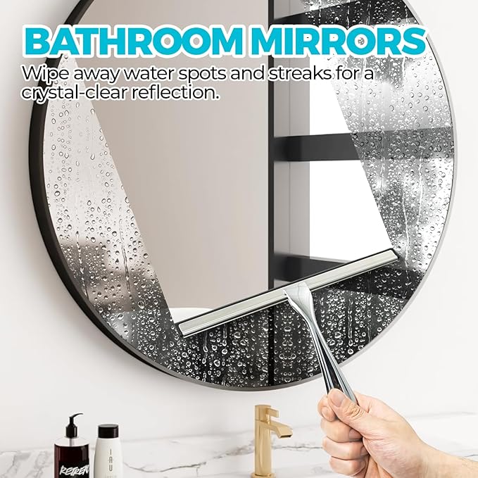 2PACK Shower Squeegee for Glass Doors, Squeegee for Shower Glass，All-Purpose Tile Walls, Bathroom, Window, Glass and Car Windshield, Mirrors and Kitchen-Stainless Steel, 10 Inches, Silver