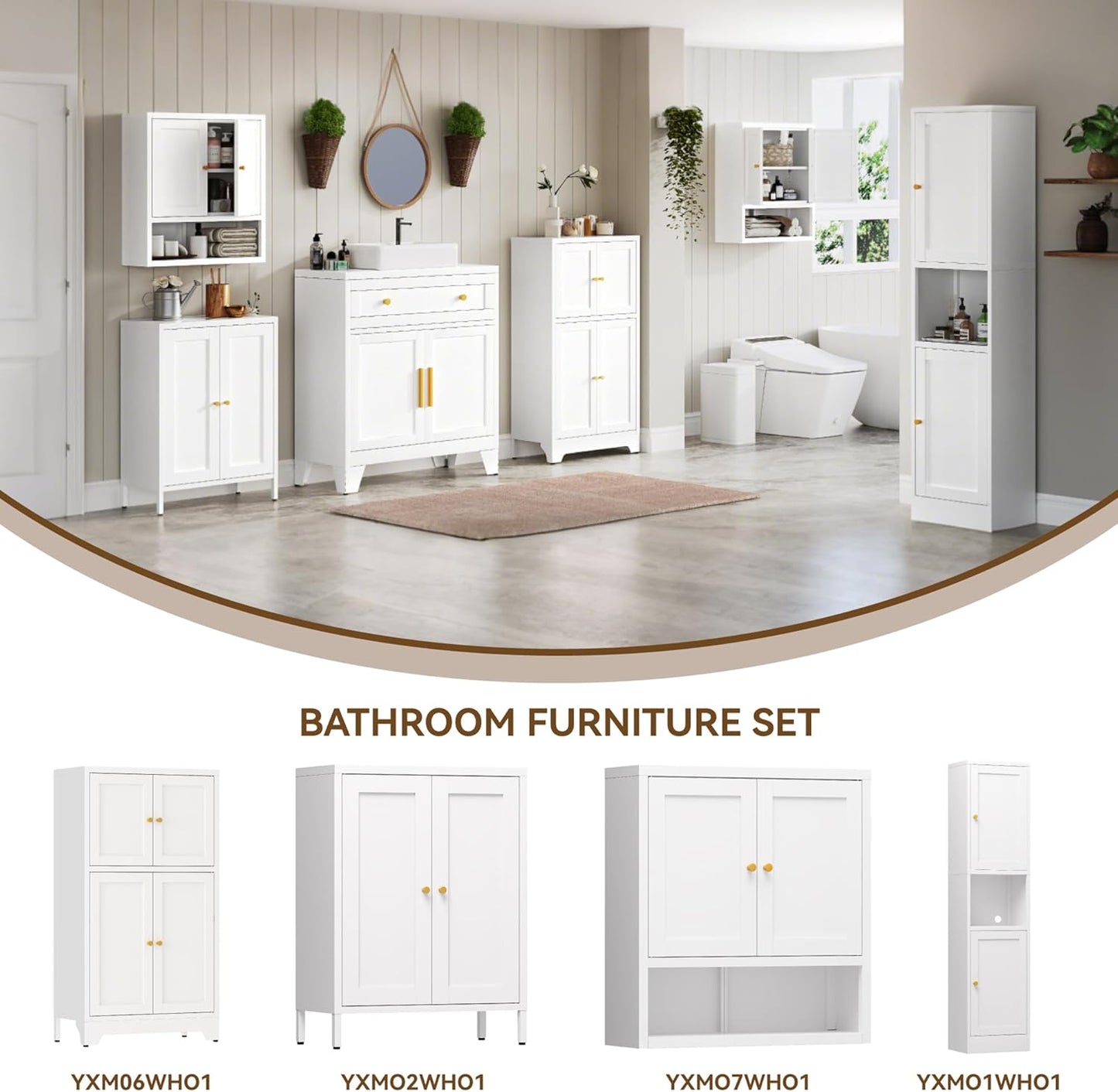 White Bathroom Floor Cabinet, Metal Storage Cabinet with 2 Adjustable Shelves & 4 Doors,Freestanding Sideboard for Dining Room,Living Room, Home Office