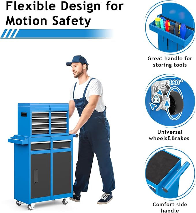 5-Drawer Rolling Metal Tool Storage Cabinet with Detachable Top Tool Box, for Garage Workshop - Blue