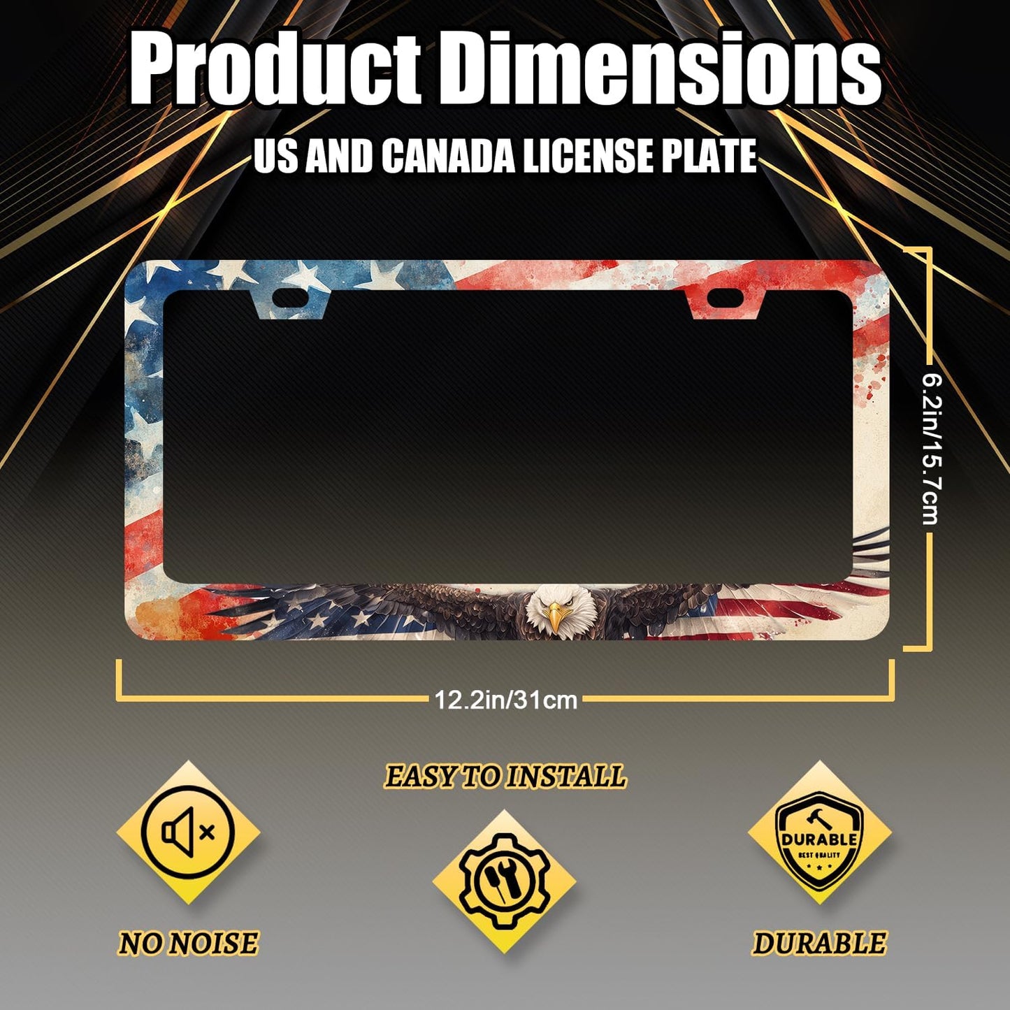 Eagle American Flag License Plate Frame Patriotic Eagle License Plate Holder Stainless Steel Funny Design with 2 Holes and Screws 12.3" x 6.3"