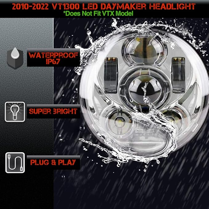 SLK-Lights VT1300 Fury LED Daymaker Chrome Headlight 5 3/4"- Direct Fit - Plug & Play - Compatible Honda VT1300 2010-2022 Honda Fury, Sabre, Interstate, and Stateline (Chrome)