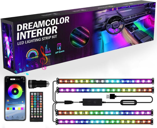 RGB Dream Color Interior Car Strip Lights with Smart APP Remote Control, DIY Mode and Music Mode, Multicolor Footwell Under Dash Chasing Inside Light Kits for Cars Truck ATV UTV with Car Charger