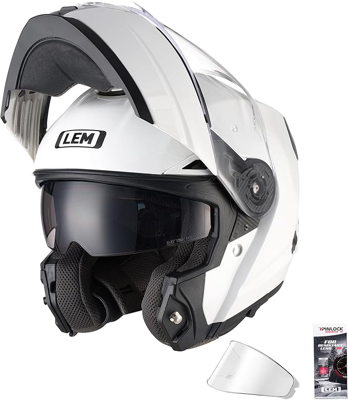 LEM Modular Motorcycle Helmets Fiberglass, Full Face Motorcycle Helmet Flip Up for Touring, DOT Certified, Release Sun Visor & Removable Comfort Liner, Lightweight Street Bike Helmet (White, L)
