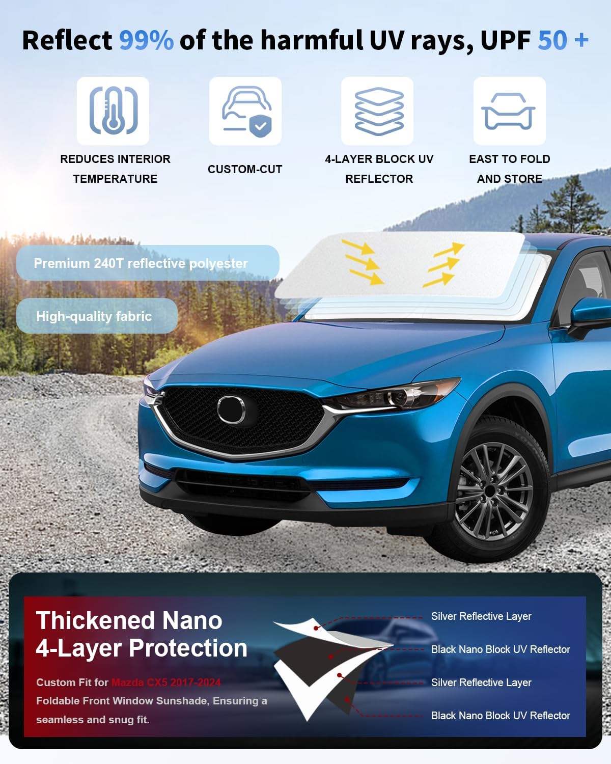 for Mazda CX5 Car Windshield Sunshade for CX-5 2017-2023 2024 2025 Mazda CX5 Accessories Thicken 4-Layer Foldable Car Front Window Sun Shades Cover Block Heat Shield Protector 240T UV Reflector