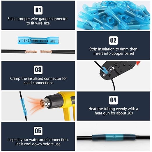 Heat Shrink Butt Wire Connectors, 100Pcs 16-14 AWG Blue Insulated Waterproof Electrical Wire Connectors Automotive Marine Grade Wire Crimp Terminals Butt Splices, Ideal for Boat, Truck, Stereo Blue