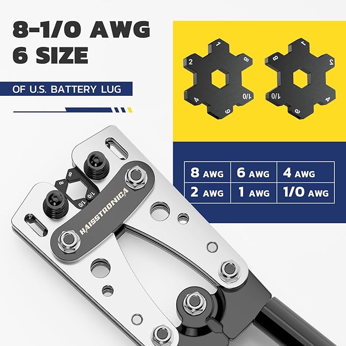 haisstronica Heavy Duty Battery Cable Crimping Tool Kit-Ratchet Hex Extended Handle Crimper for 8,6,4,2,1,1/0 AWG Copper Lugs with Blow Molded Box,Cable Cutter, 48PCS Copper Lugs&Heat Shrink Tubing