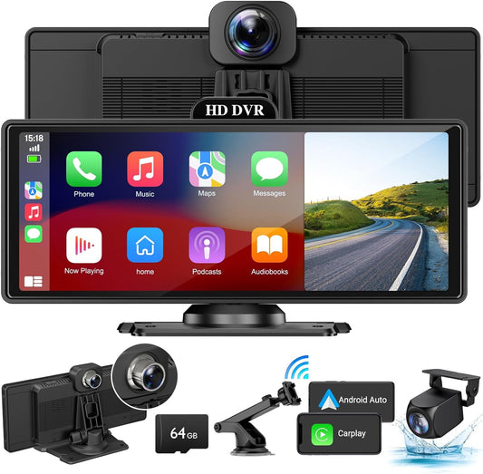 Wireless Apple Carplay Screen for Car 4K Dash Cam, 10.26" HD Touchscreen with Portable Apple Carplay & Android Auto Car Stereo, 1080p Backup Camera