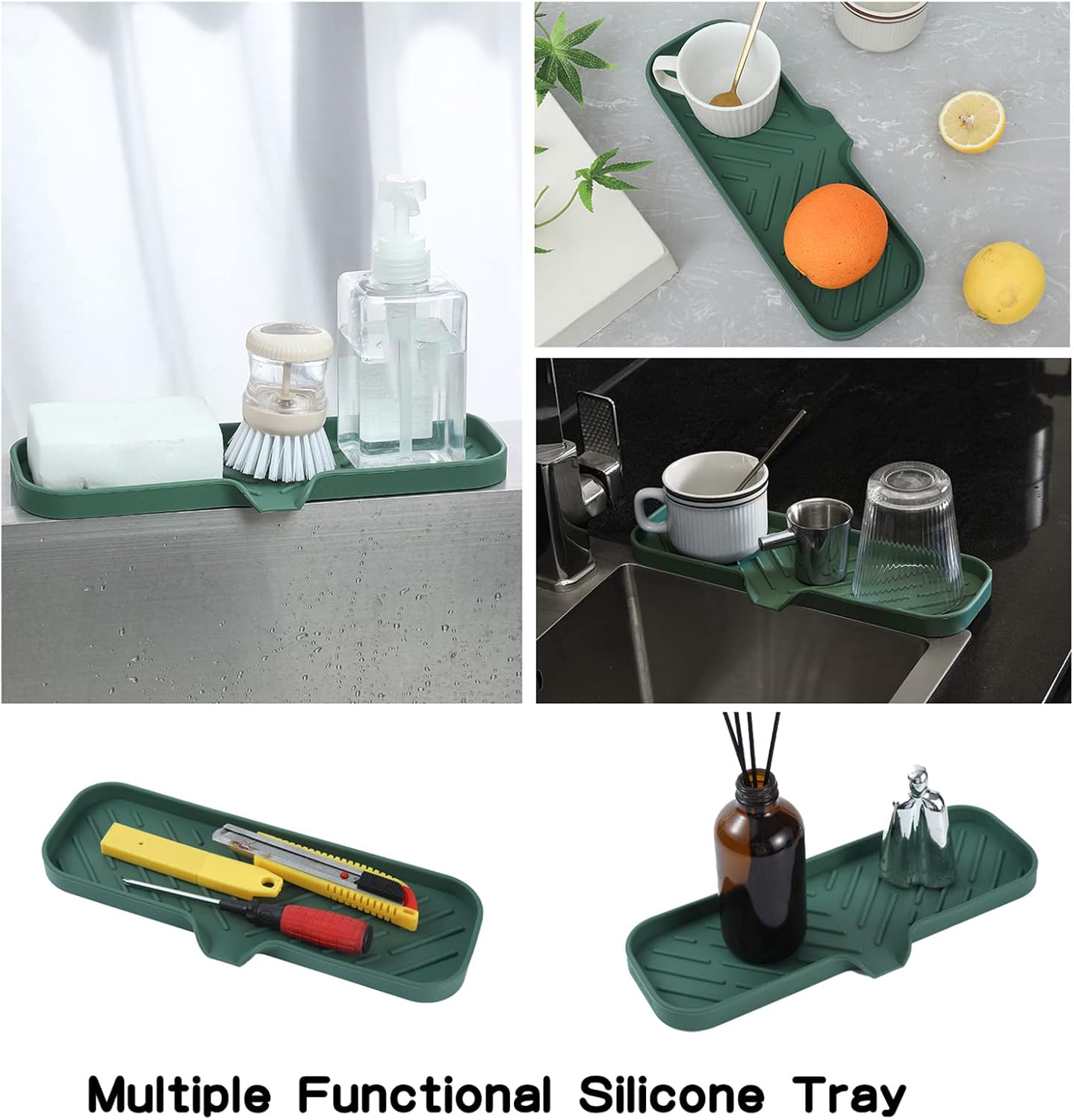 Silicone Bathroom Soap Dishes with Drain Spout-Bathroom and Kitchen Sink Organizer,Sponge Holder,Dish Soap Tray,Perfect for Dispenser,Scrubber,Bottle,Cup on Sink or Counter-Green 12"×4"