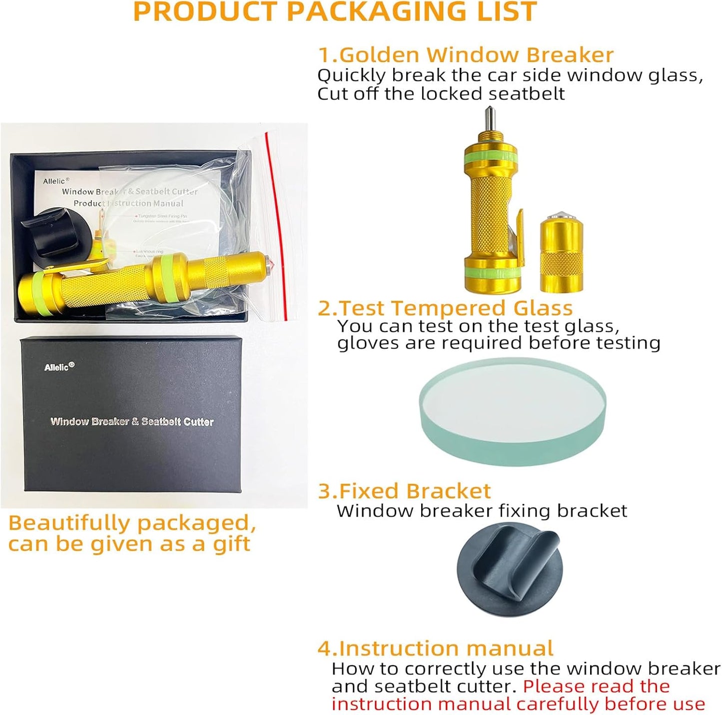 Allelic Car Window Breaker Tool, Window Breaker Seatbelt Cutter, Window Breaker, Glass Breaker, Spring Loaded Window Breaker for Land & Underwater (Gold)