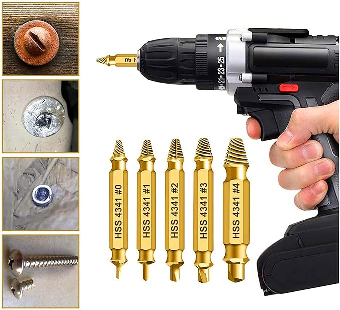 HSS 4341 Damaged Screw Extractor Set, 5-Piece Drill Bit Kit for Stripped Screws and Bolts, Gold, 2-14mm Range, High-Speed Steel with Storage Case