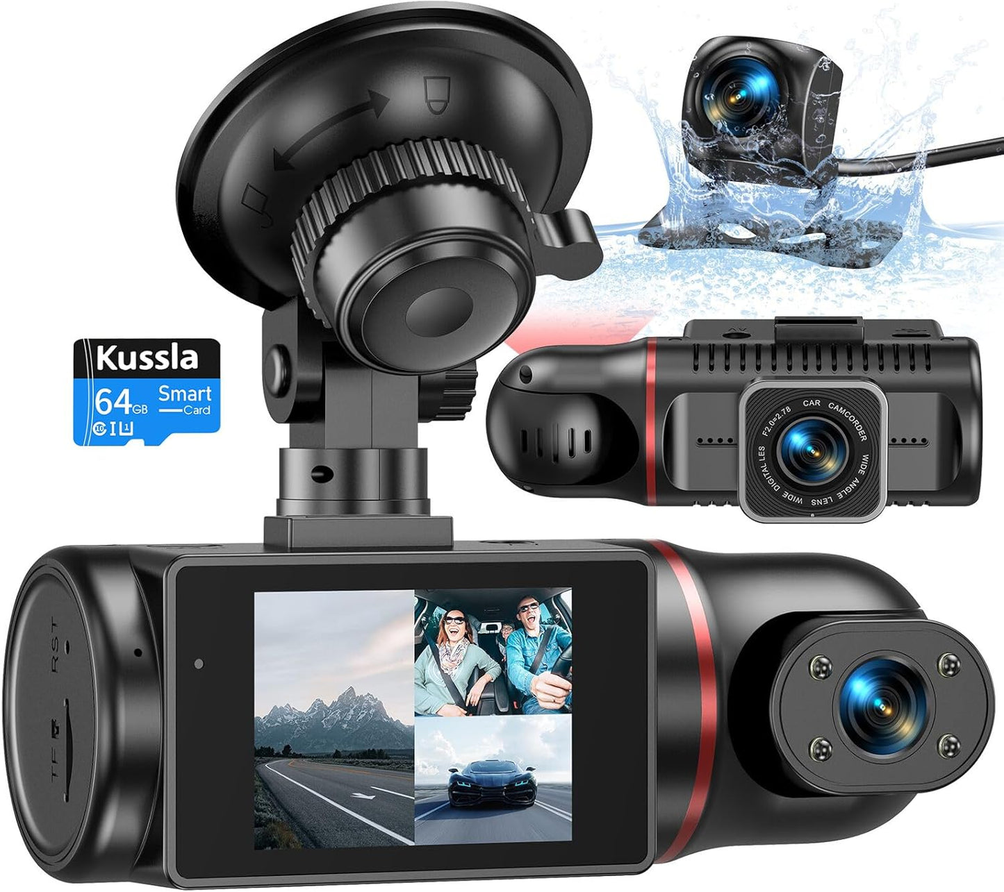 Dash Cam Front and Rear Inside, 1080P 3 Channel Dash Camera for Cars with 64GB Card, Super Night Vision Dashcam, Car Camera with Loop Recording, G-Sensor, WDR, 24H Parking Monitor