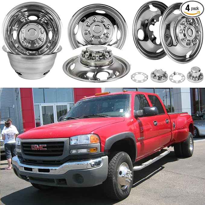 Set of 4 16inch Stainless Steel Dually Wheel Simulators, 8 Lug 4 Hand Hole Hubcaps Cover Fit for 74-00 Chevy GMC 3500, 74-98 Ford F350, 08-21 Ford E350/E450 Van, 74-99 Dodge Ram 3500 608FV