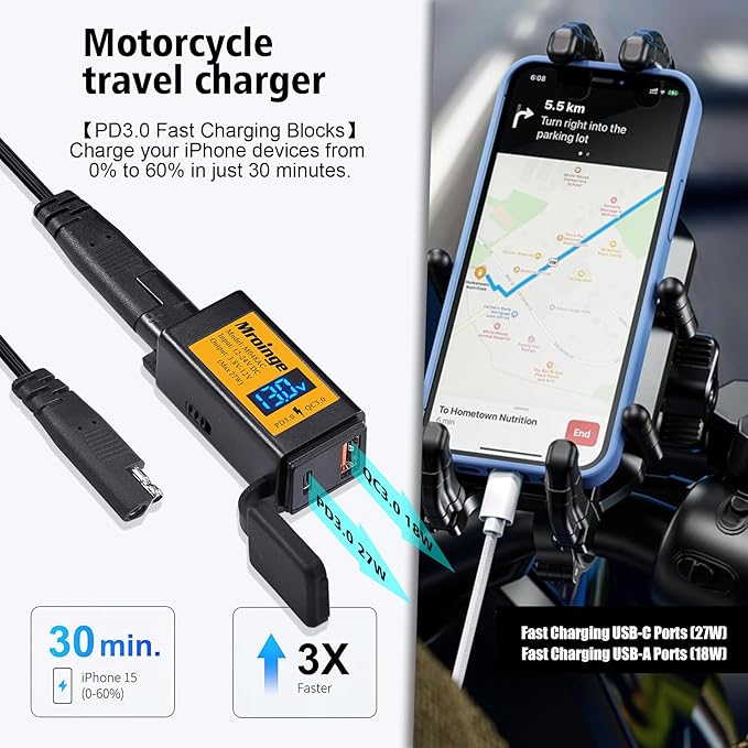Motorcycle USB-C Charger, SAE to USB Adapter, 27W Dual Port USB Fast Charger with Voltmeter/Ammeter and ON/Off Switch, Perfect for Phone, Tablet, GPS etc Charging