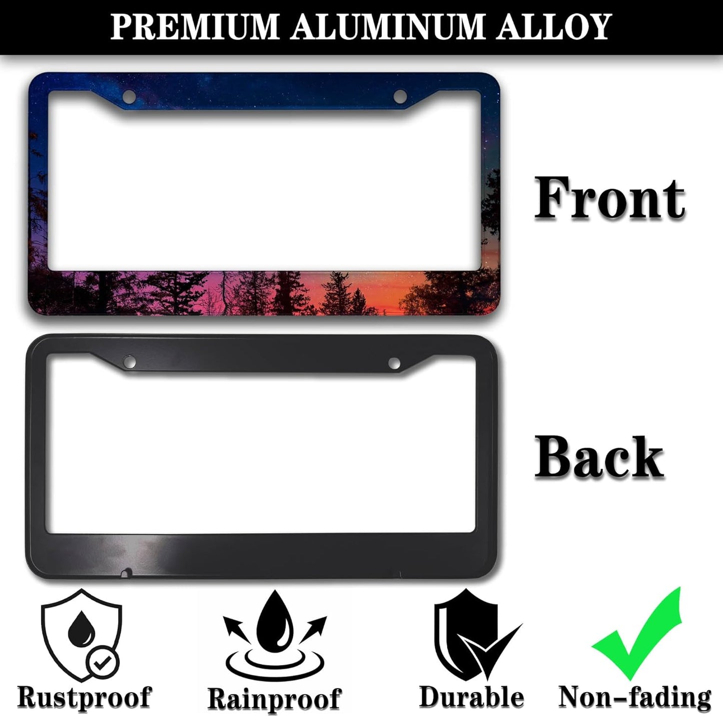 Car Plate Frame for Women Multicolor License Plate Frames for Men Forest Night Sky Universal Aluminum Car Accessory 2 Pack with Screw Covers Set