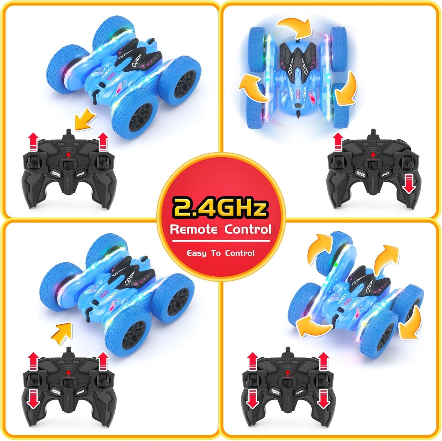 Remote Control Car, RC Cars for Kids with New Upgraded Strip Lights, 2.4GHz RC Stunt Cars with Headlights, 600mAh 4WD 360° Rotating Off Road, 4 5 6 7 8 9 Year Old Boy Toys Birthday Gifts