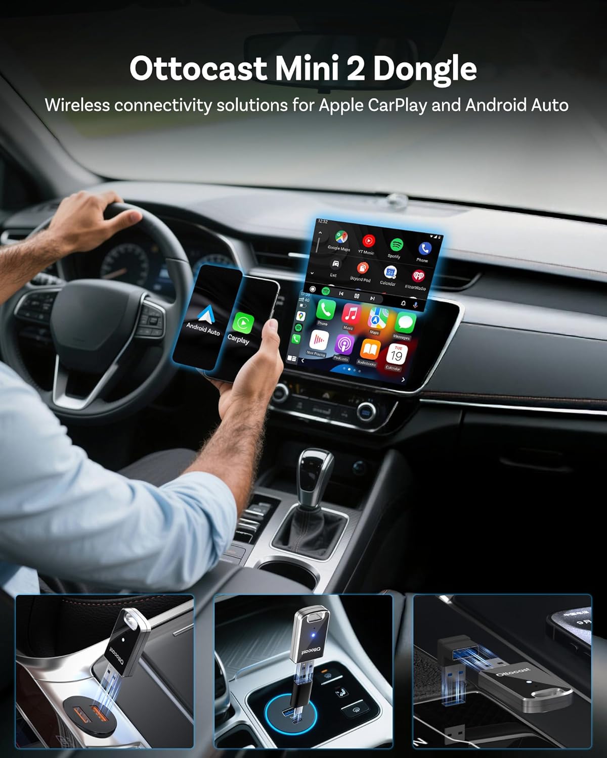 OTTOCAST Mini 2025 Wireless Carplay Adapter & Android Auto Wireless Adapter for Apple iPhone Samsung Android Phone 2-in-1, USB Car Accessories with 5 GHz Wi‑Fi Bluetooth 5.0 Voice Control Plug & Play