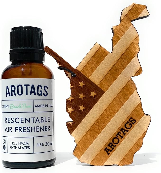 Arotags Car Air Freshener - Reusable Wood Diffuser - Hanging Odor Eliminator - West Virginia Patriot - Beach Bum Scent