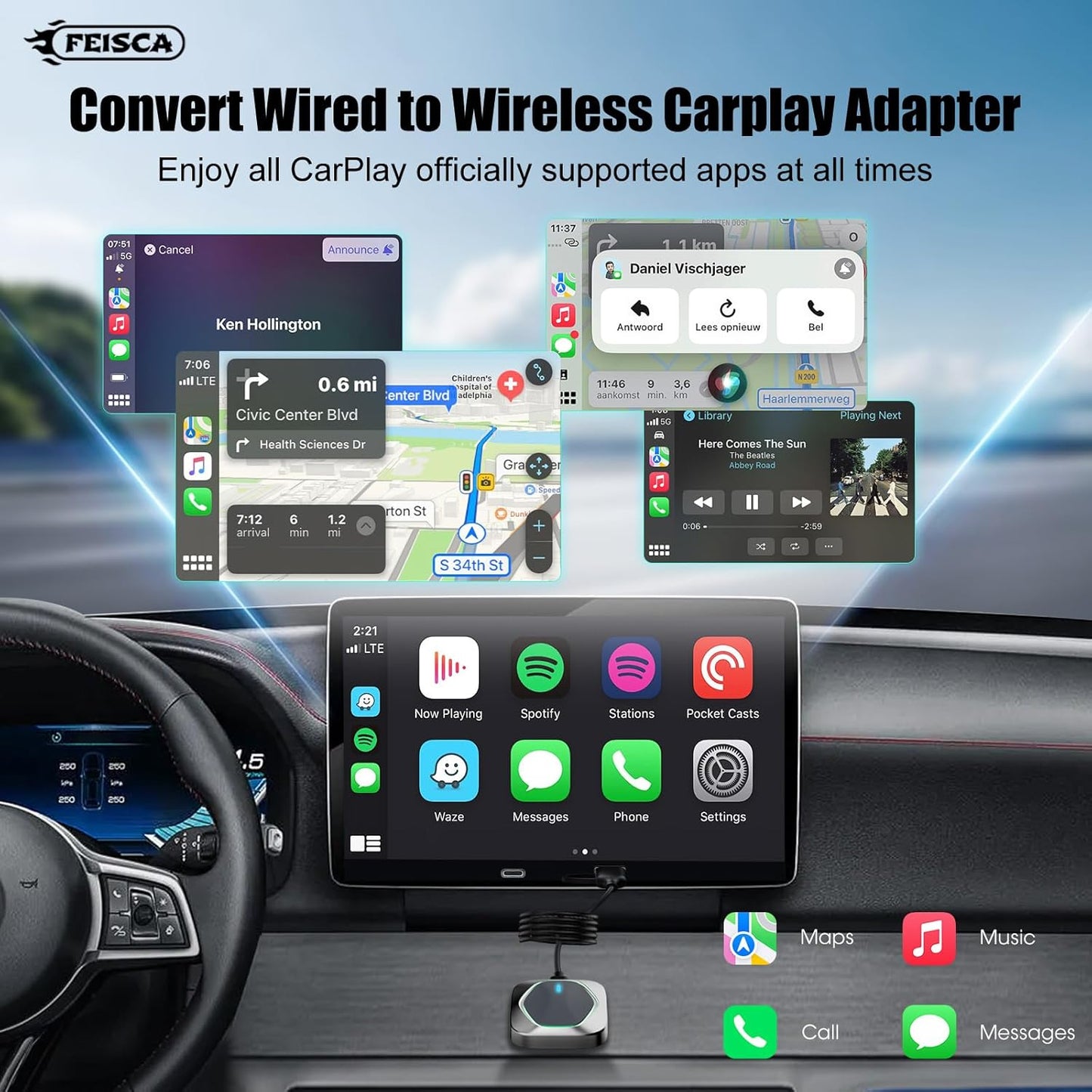 Wireless CarPlay Adapter for iPhone,Convert Wired to Apple CarPlay Wireless Adapter, Plug and Play, with 60CM Extension Cable USB & Type-C, Connection Stable No Delay