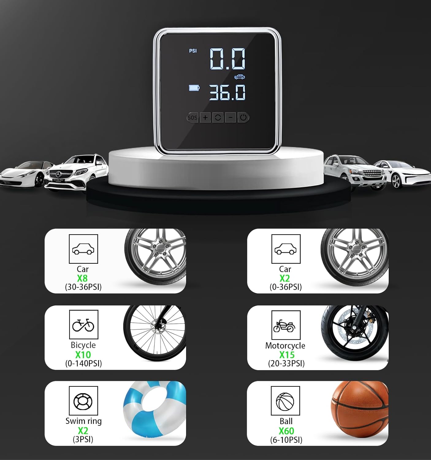 Tire Inflator Portable Air Compressor - 150 PSI Air Pump for Car Tires - 2X Faster Inflation, Smart Pump Tire Inflator for Cars, Motorcycles, Bicycles, Balls