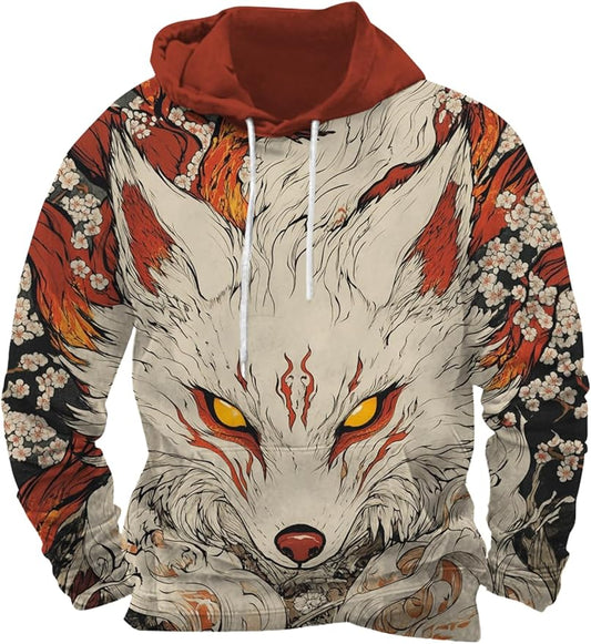Mens Animal Print Graphic Hoodies Casual Long Sleeve Japanese Art Style Hooded Sweatshirt Lightweight Pullover Tops