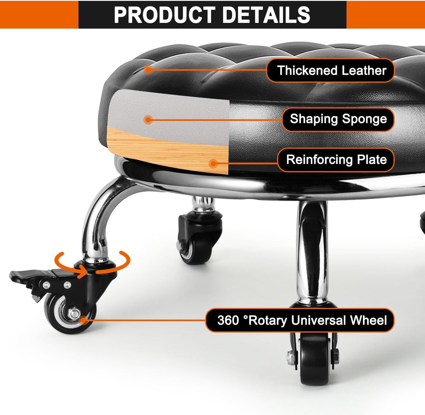 Low Rolling Stool, Low Stool with Wheels, PU Leather Low Roller Seat Stool Chair, Rolling Seat Stool for Home Office Garage Shop (Style 1)