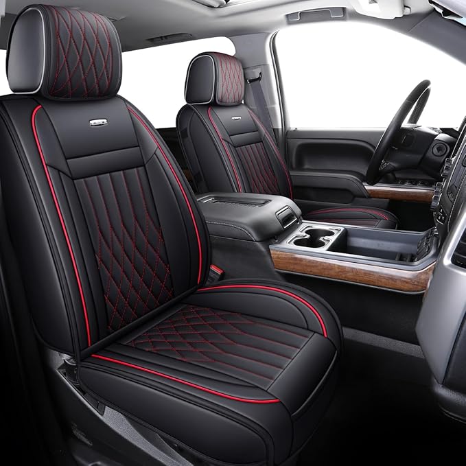 Aierxuan Chevy Silverado GMC Sierra Car Seat Covers Full Set, Custom Fit 2007-2025 1500 2500 HD 3500 HD Crew, Double, Extended Cab or Pickup Truck, with Waterproof Faux Leather (Black and Red)