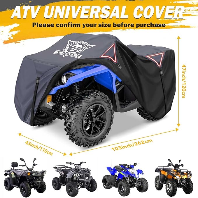 XYZCTEM Premium ATV Cover,Outdoor Protection Against Water, UV, Wind. Quad Cover for Can-am,Suzuki,Kawasaki, Honda, Yamaha, Polaris,and More.4 Wheeler Accessories with Thickened Straps(Grey,103" L)