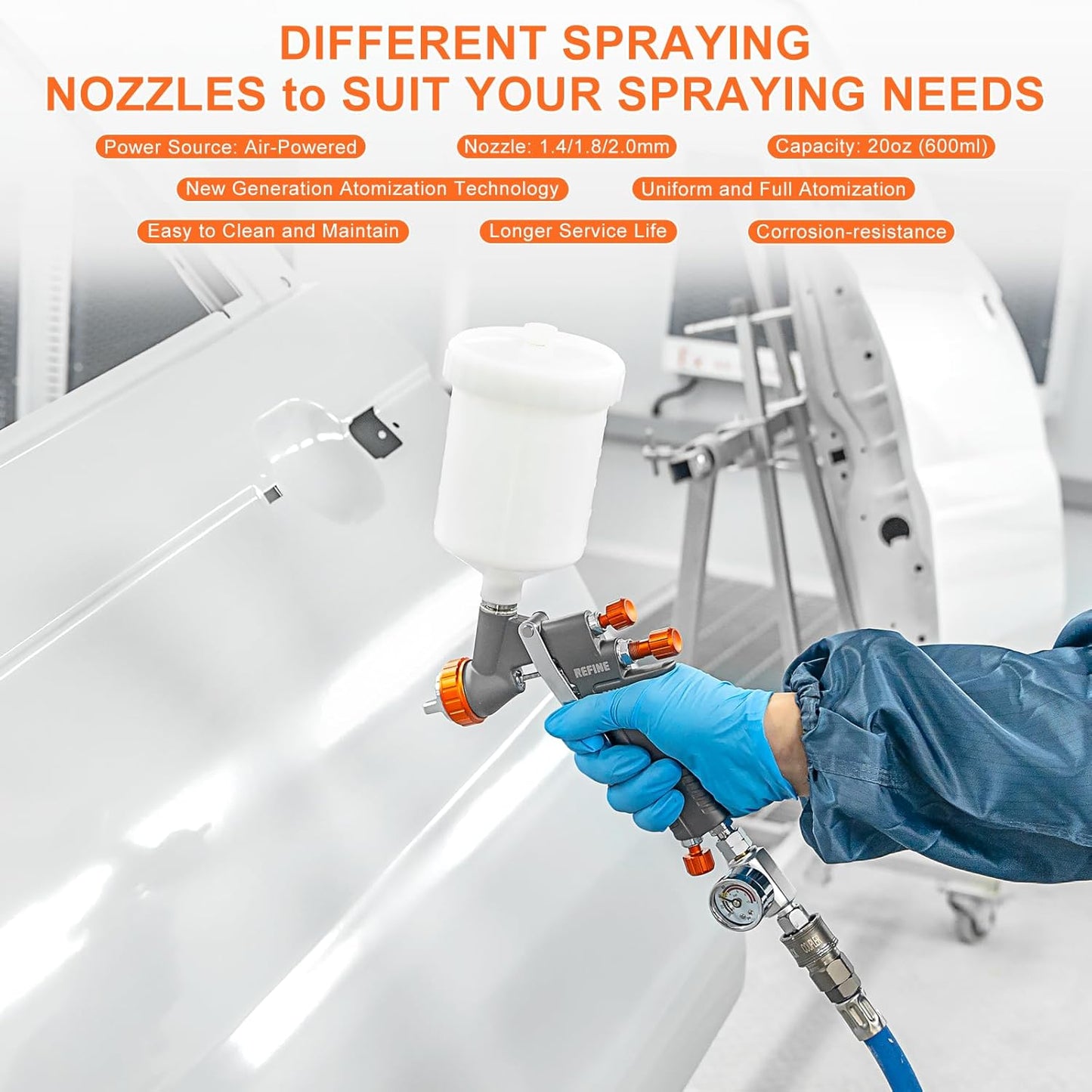 REFINE Air Spray Gun, Auto Paint Gun with 1.4/1.8/2.0mm Nozzle, Professional Automotive Spray Gun, Air Compressor Auto Body Paint Sprayer for Cars, House, Furniture Painting with Air Pressure Gauge