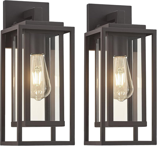 14" Outdoor Wall Light Fixtures Waterproofed Exterior Lantern W/Sturdy Rectangular Double Cage In Old Rust&Clear Tempered Glass,Sconce Mounted For House Patio,Front door,Porch,Yard, Lighting 2Pack