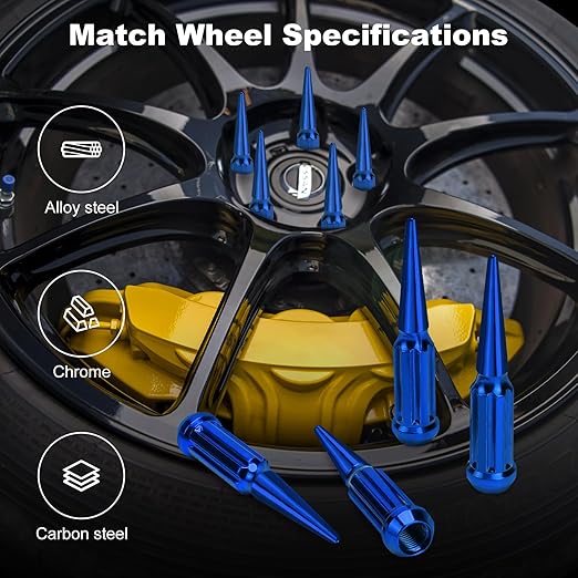 M12x1.5 Spike Lug Nuts, Set of 24 Blue Spline Spiked Lug Nut with Key for Dodge Ram 1500, Toyota Tundra, Chevrolet Tahoe 2000-2024, Ram 2500 1994-2024, 12x1.5 Acorn Solid Metal Truck LugNut