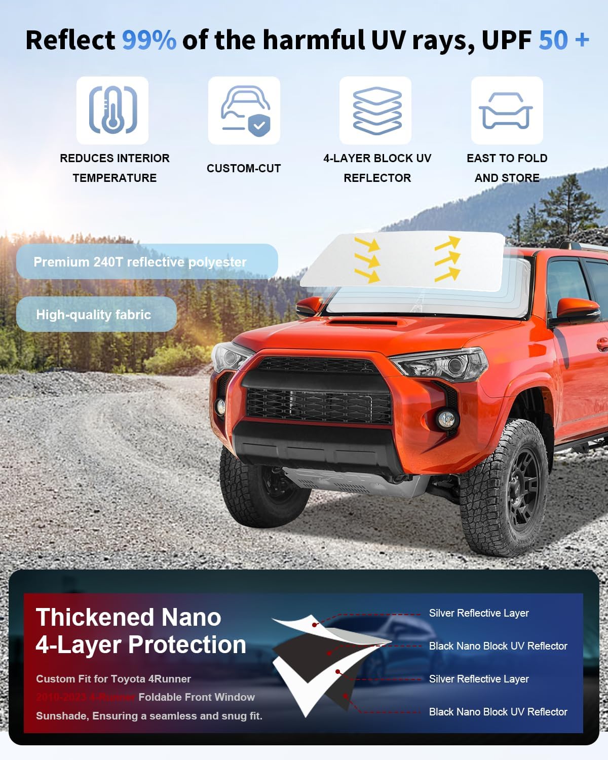 for Toyota 4Runner Windshield Sun Shade Sunshade for 2010-2025 4Runner Windshield Cover Custom-fit Toyota 4-Runner Car Front Window Shade Sun Visor Protector Shield Accessories Foldable Blocks UV Rays