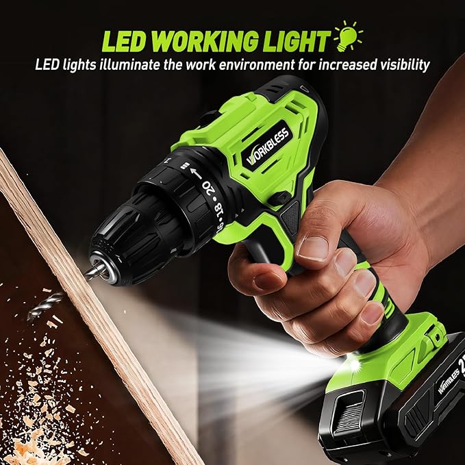 WORKBLESS Cordless Drill, Power Drill Set with 1 Battery and Charger, 40Nm, 20+1 Torque, 2 Speed, Keyless 3/8" Electric Screwdriver with LED Light, 28pcs Drill Bits Set(Green)