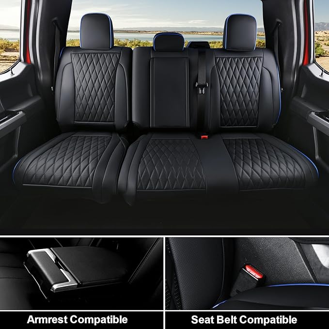 Coverado Leather Ford F150 Seat Covers Full Set, Automotive Seat Covers for Pick-up Truck, Waterproof Cushion Cover for 2015-2025 F150 and 2017-2025 F250 F350 F450 (Blue line)