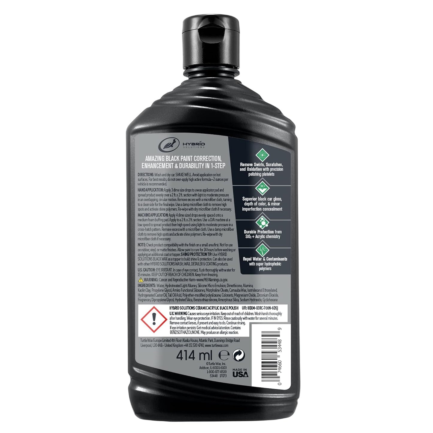 Turtle Wax 53448 Hybrid Solutions Ceramic Acrylic Black Polish and Wax Formulated for Black Car Paint, Removes Surface Scratches and Swirl Marks, Provides Water Repellency, 14 oz. (Pack of 1)