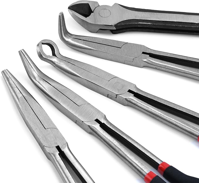5-Piece 11" Extra Long Needle Nose Pliers Set with Insulated Comfort Grip, Straight Long Reach Plier, 45/90°Bent Nose Pliers,O-shaped nose plier,Diagonal Plier for Bending Shaping Trimming