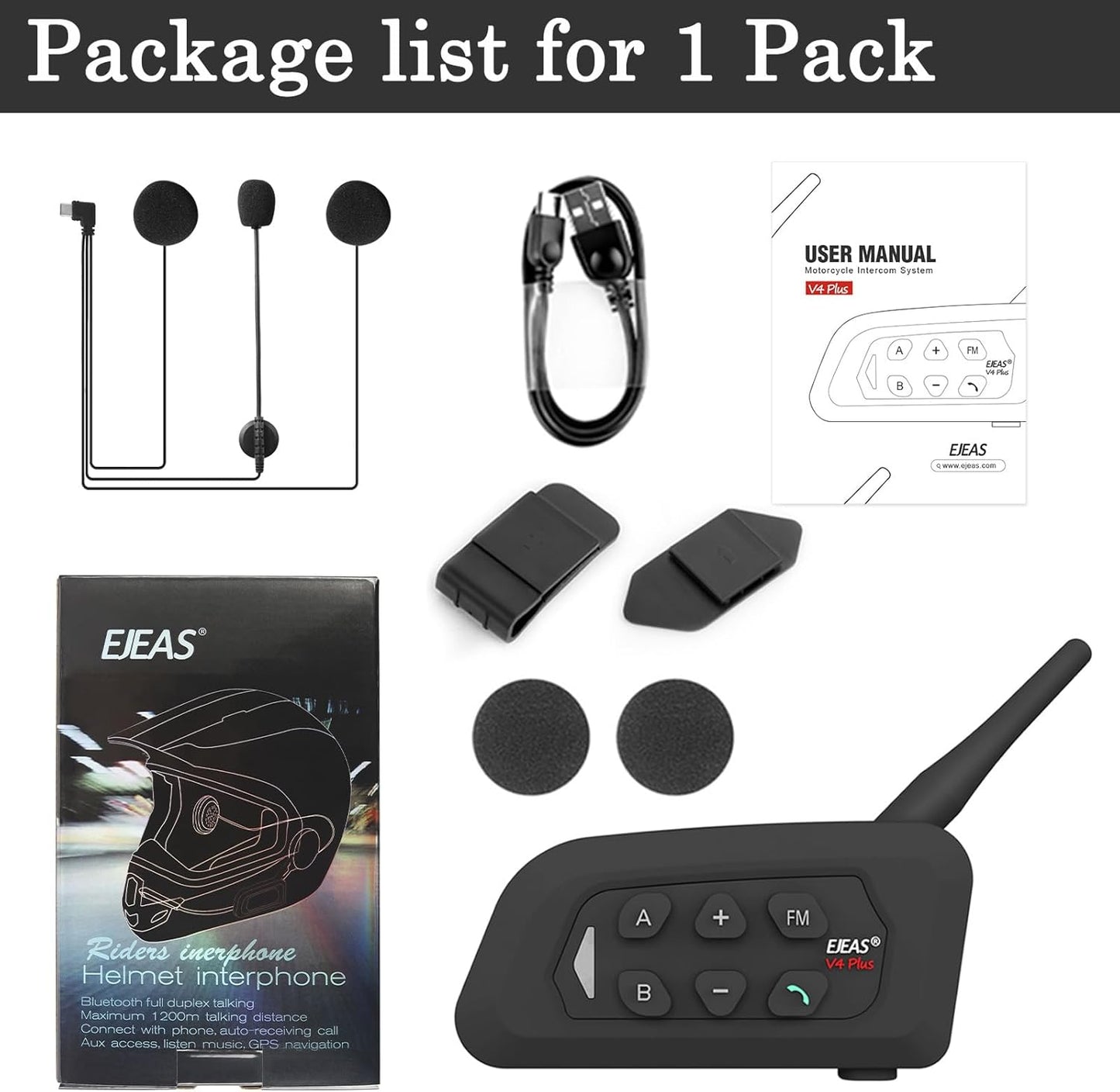 V4 Plus Motorcycle Bluetooth Helmet Intercom Headset, 4 Rides Group Communication System for Motorcycling Soccer Referees Skiing ATV/Off Road (4 Pack)