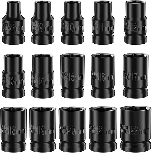 Lytool 15-Piece 1/2" Drive Shallow Impact Socket Set, Metric 8-22mm, 6-Point CR-V Steel