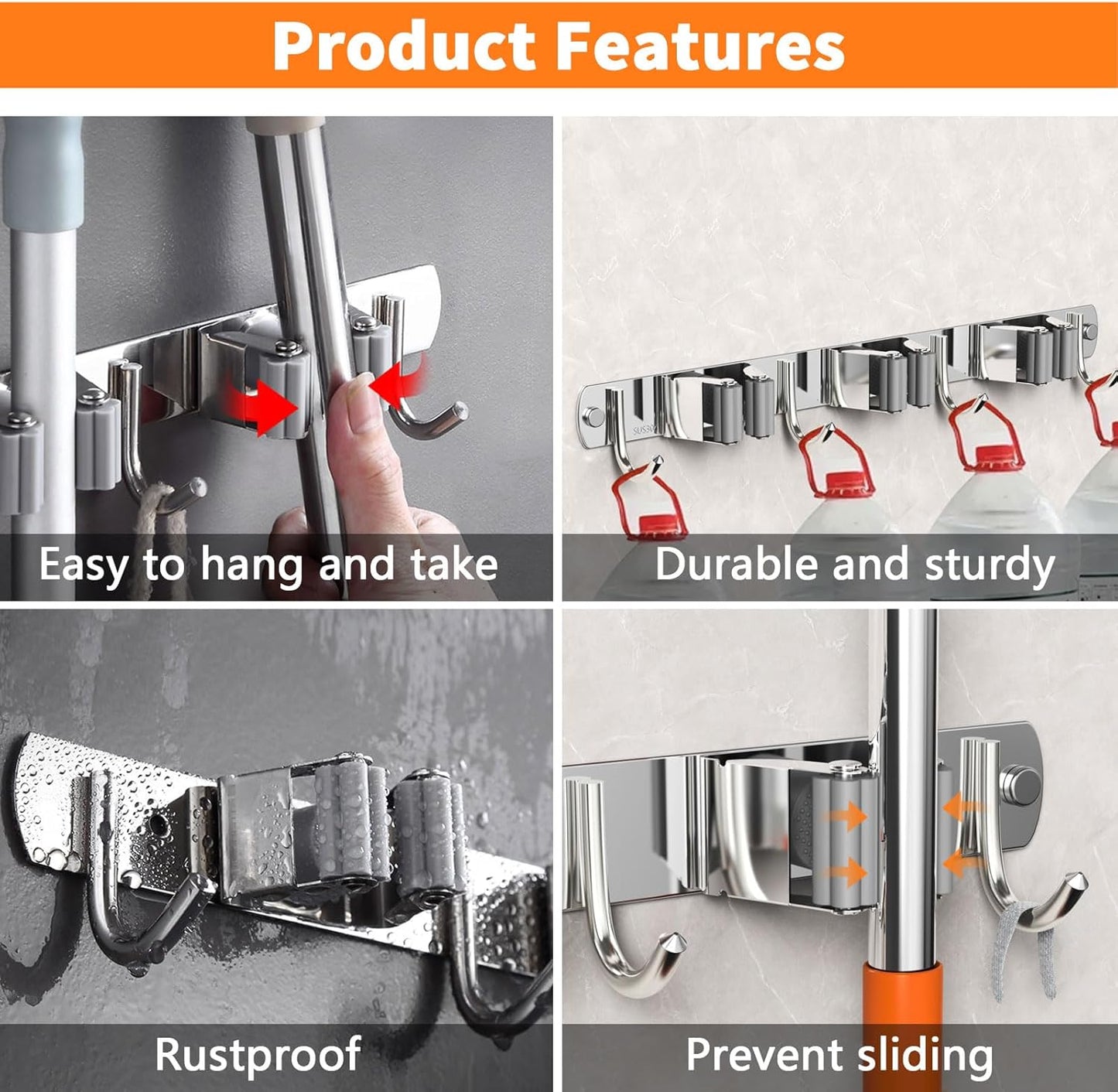 2 Pack Mop and Broom Holder Wall Mount, Non-slip Broom Hanger Wall Mount, Heavy Duty Mop Broom Organizer for Kitchen Garden Garage Laundry Room Wall Decor Organization and Storage Silver 5R4H