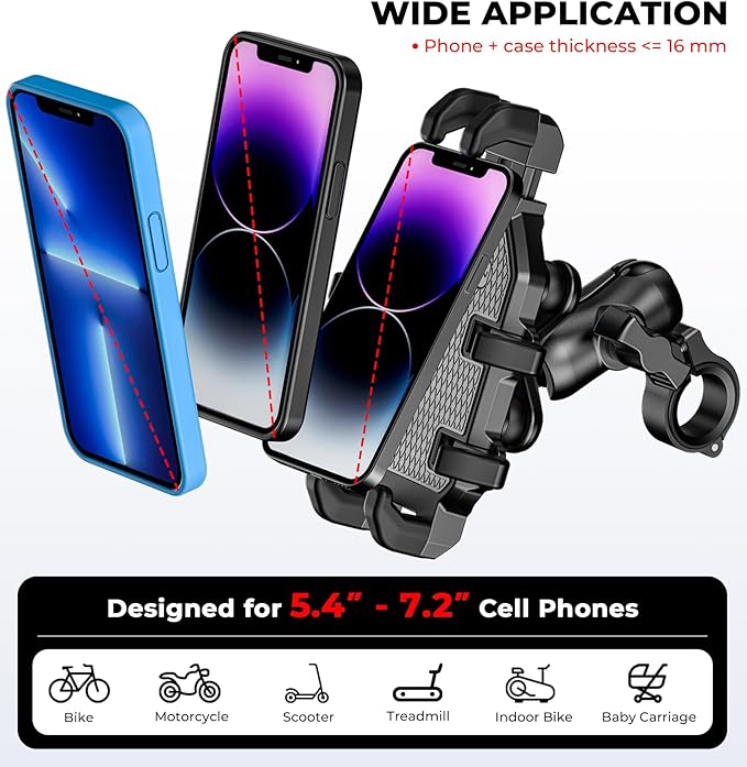 Motorcycle Phone Mount with Vibration Dampener, Anti-Shake Bike Phone Holder with Aluminum Alloy Handlebar Clamp, One-Handed Operation Motorcycle Cellphone Mount Fit for 5.4"-7.2" Smartphone