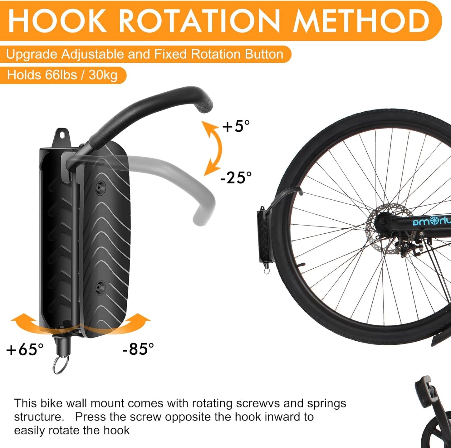 Swivel Bike Wall Mount, Bike Wall Hanger and Hooks, Hanging Bike Rack for Garage, Wall Bike Rack Easy to Load and Unload Can Hold Up to 77 lbs, 2 Pack, Black