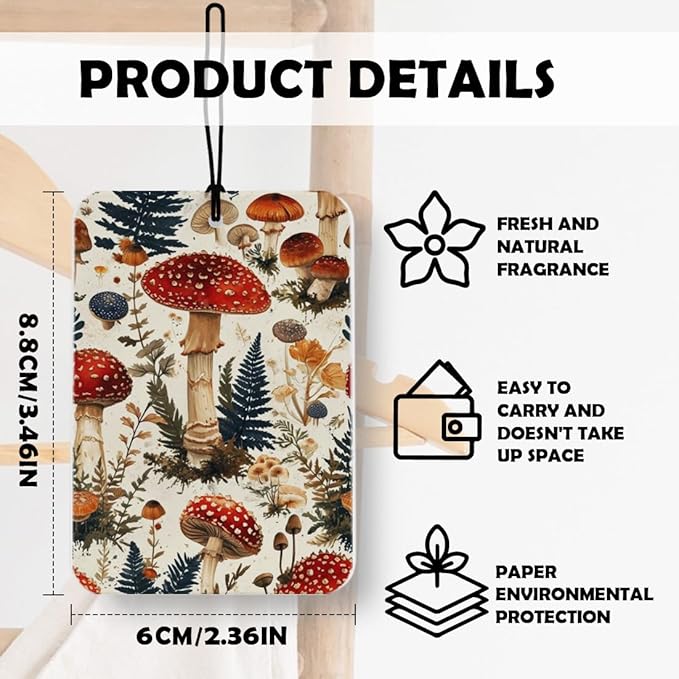 Vintage Mushroom Car Air Freshener 3 Pcs, Retro Cottage Core Botanical Red Moss Mushrooms Air Freshener Hanging Decor for Cars Closet Drawer Books Accessories Gifts