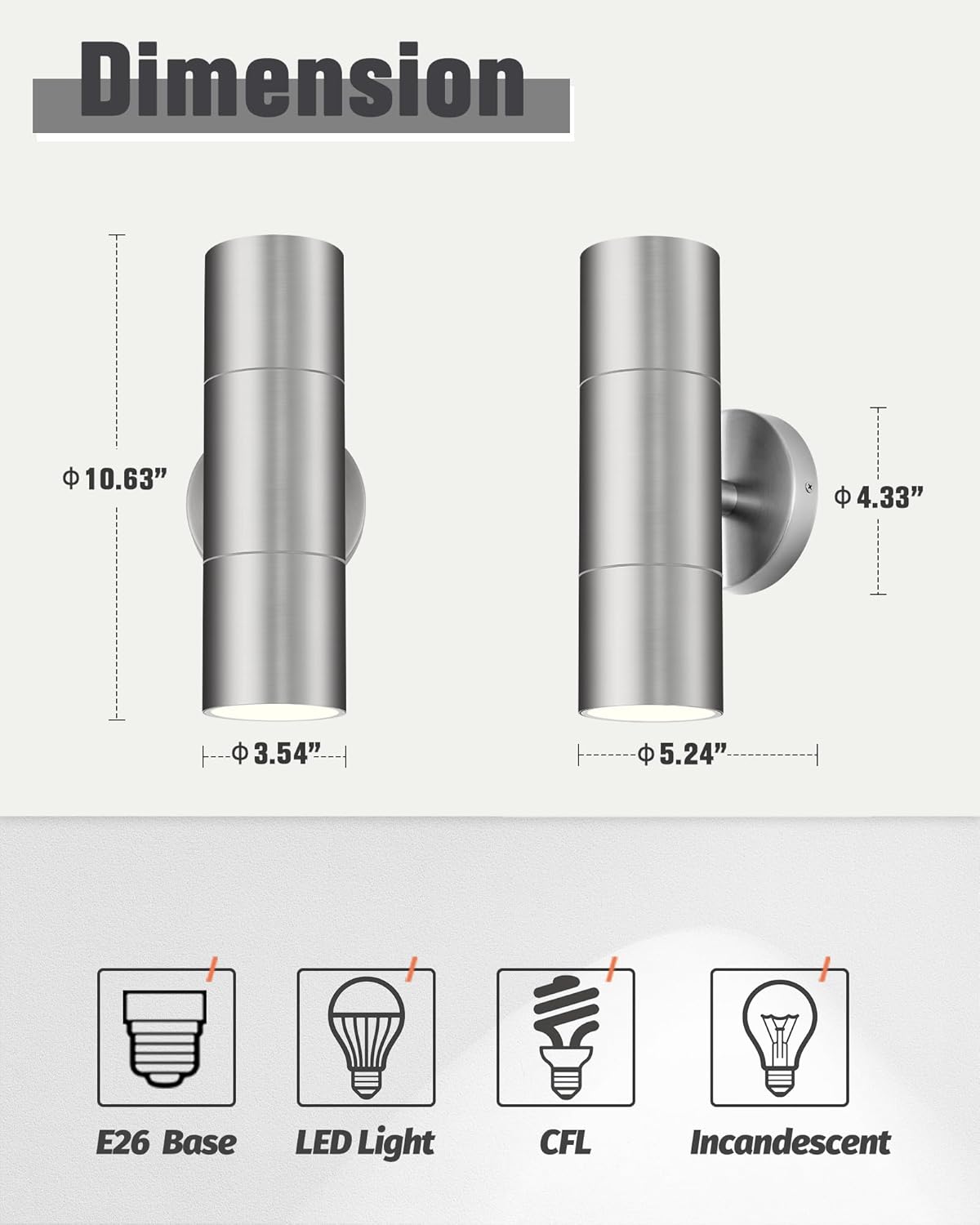 Ken & Ricky Stainless Steel Outdoor Wall Lights, Up Down Exterior Lighting Fixtures, Cylinder Outdoor Sconce Lights, Brushed Nickel Porch Lights for House, KR3305-SS-1PK