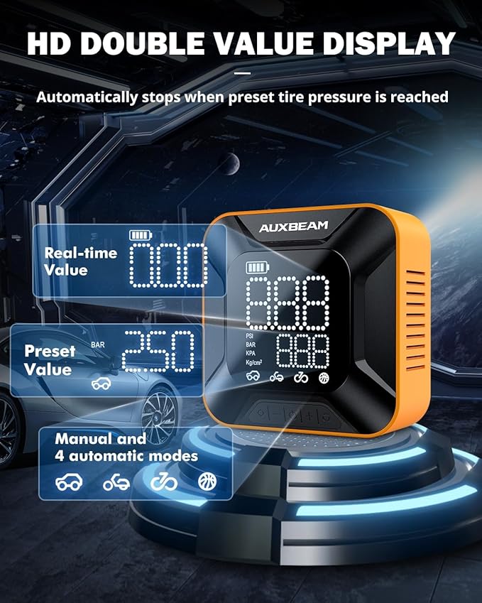 Auxbeam Tire Inflator Portable Air Compressor, Compact Car Air Pump with Digital Tire Pressure Gauge, Max 150PSI Cordless Tire Inflator for Car, Motorcycle, Bike, Ball（Ultra-HD Screen）