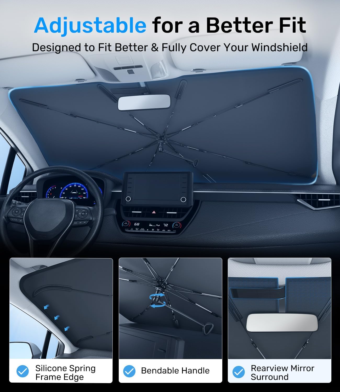 Zanch 2025 Upgraded Car Windshield Sun Shade [Cool Down by 75℉ ] with Heat Insulation Coating, Foldable Sunshade Umbrella Flexible Handle & Ribs, Medium (57''x32'') for Car, SUV, Truck, Van